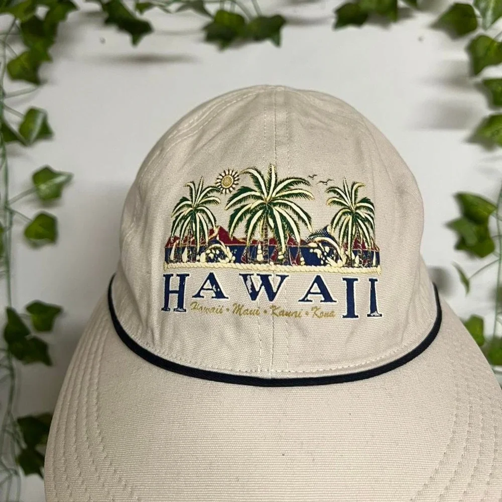 Vintage 90s Hawaii Islands Womens Tie‎ Back Hat Brimmed Soft Beige Cap OSFA USA